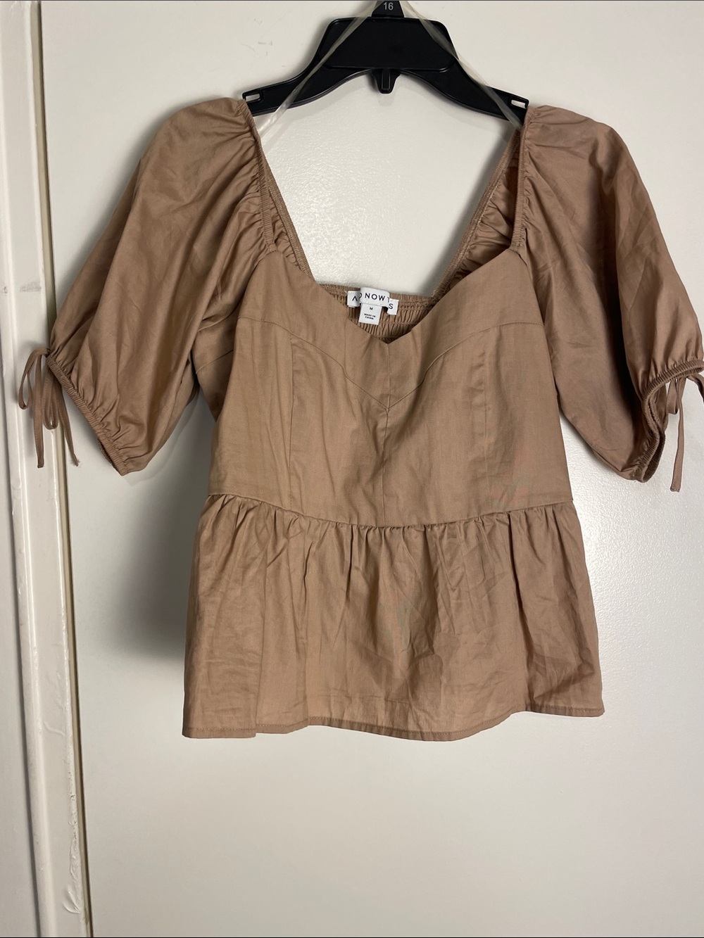 Puff-Sleeve Peplum Blouse in Tan by A New Day